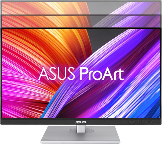 ASUS ProArt monitor met een volledig scherm dat een levendige, abstracte achtergrond toont.