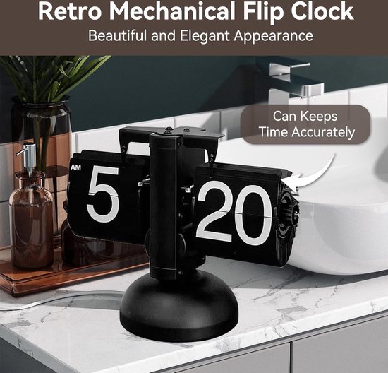 HERCHR Vintage Design Flip Bureauklok Batterij-aangedreven Digitale Flip Down Klok met Interne Tandwielbediende Klok (Zwart HERCHR Vintage Design Flip Bureauklok Batterij-aangedreven Digitale Flip Down Klok met Interne Tandwielbediende Klok (Zwart