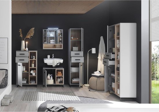 Mevsim Store Badkamerkast, badkamerkast, bijzetkast, commode, multifunctionele kast, met 3 vakken, een klep, verstelbare plank, van MDF, donkerbruin, 80 x 45 x 30 cm