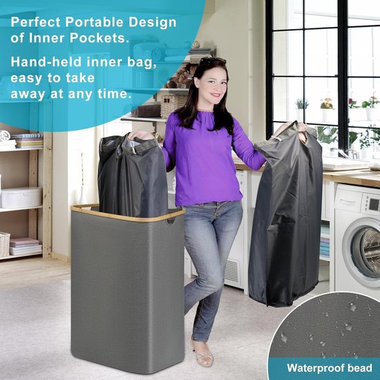 DOKEHOM 125L Grote Wasmand, Inklapbare Waszak, Zelfstandige Hoge Waskorf, Opvouwbare Wasbak (Grijs