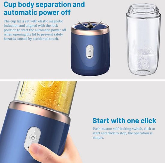 Draagbare blender - Smoothiemaker - 400 ml - Draagbare blender - USB - Draagbare blender - Mini-mixer om mee te nemen - met 1 glazen beker - Mixer - Oplaadbaar - BPA-vrij - voor auto, sport, keuken, van Merkloos — afbeelding 3
