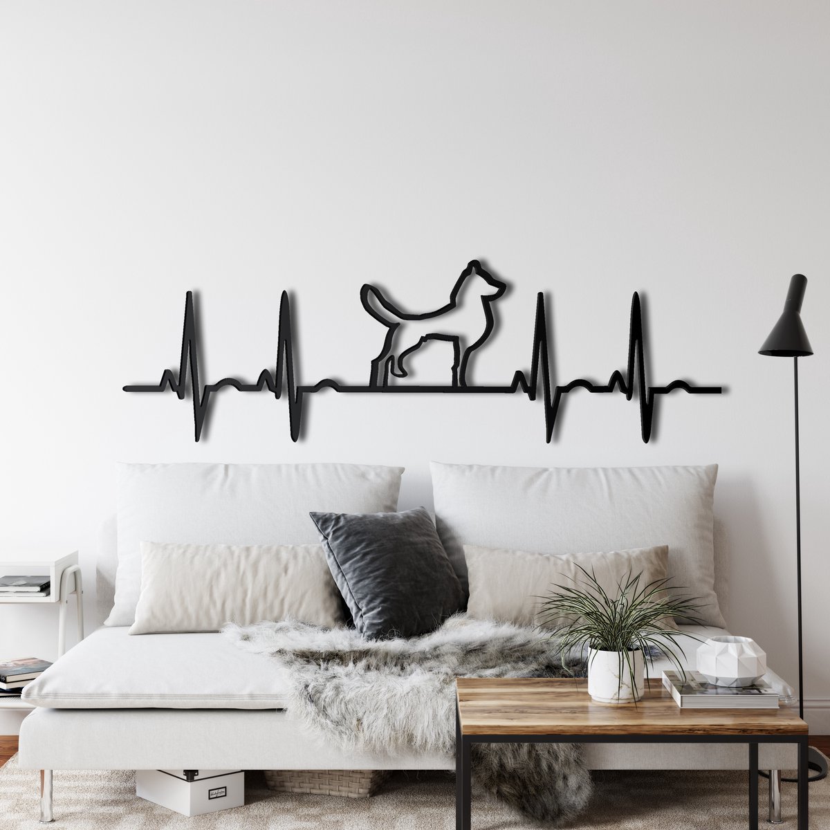 Wanddecoratie | Ekg Hond / Ekg Dog| Metal - Wall Art | Muurdecoratie | Woonkamer |Zwart| 75x26cm