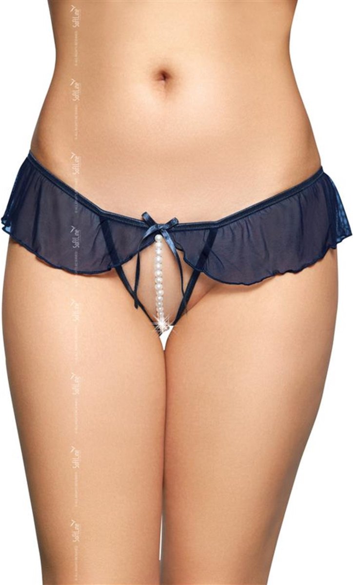 Softline- sensuele blauwe string met een open kruis en een frivole franje rond de heupen S/M