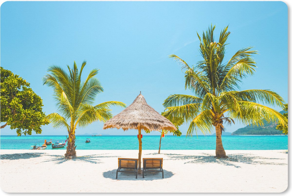 Muismat XXL 90x60 cm - Bureau onderlegger - Bureau mat Strand met palmbomen en strandstoelen - Bureaumat - Gaming mousepad xl - Bureaulegger groot - Computer deskmat