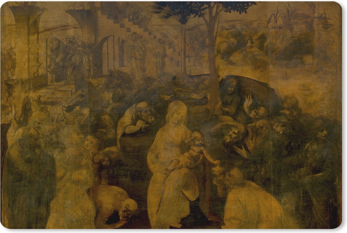 Muismat XXL 90x60 cm - Bureau onderlegger - Bureau mat Aanbidding door de Wijzen - Leonardo da Vinci - Bureaumat - Gaming mousepad xl - Bureaulegger groot - Computer deskmat