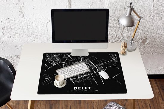 Muismat XXL 90x60 cm - Bureau onderlegger - Bureau mat Kaart - Delft - Zwart - Bureaumat - Gaming mousepad xl - Bureaulegger groot - Computer deskmat