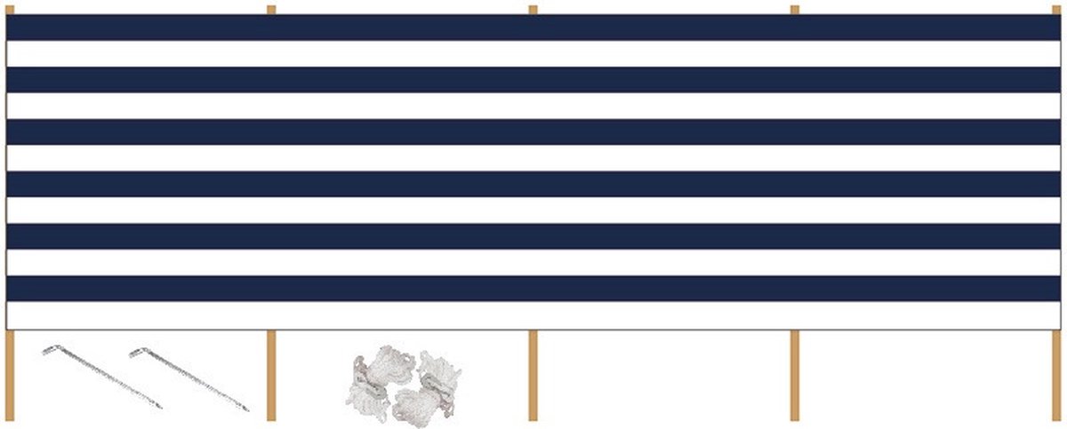 Strand / camping kunststof windscherm - gestreept wit/blauw - 2,25 meter x 120 cm - incl. haringen en scheerlijnen - Beschutting/schermen