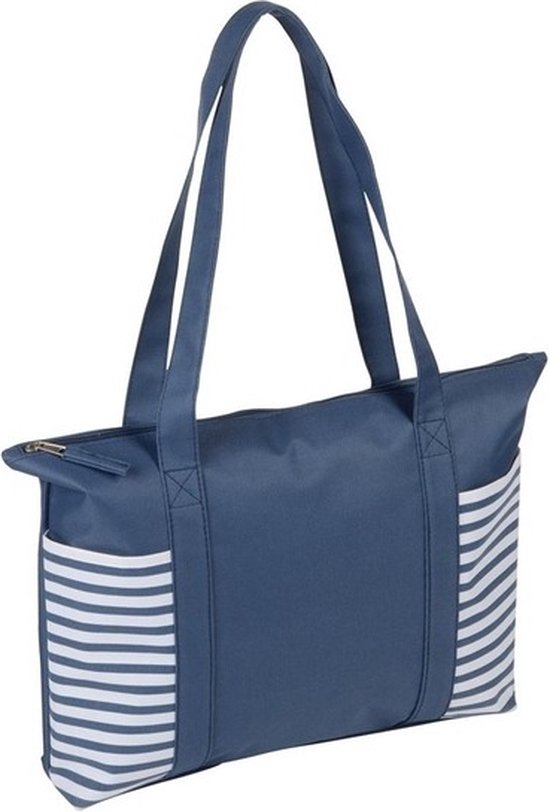 Strandtas met streepmotief - blauw/wit - 44 x 31 cm - Strandartikelen beach bags/shoppers met ritssluiting