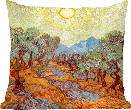 Sierkussens - Kussentjes Woonkamer - 60x60 cm - Olijfbomen met gele hemel en zon - Schilderij van Vincent van Gogh