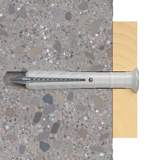 Plug in gekleurde betonmuur en houten plank, met schroef.