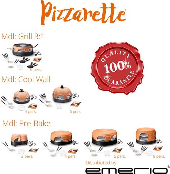 Emerio PO-113255.4 - Pizzarette 3-IN-1 - 6 Persoons - Pizzarette, Zwitserse Raclette en Grill - Geïsoleerde bak spatels - 6 pannetjes - Emerio