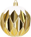 Gouden kerstbal met facetten en een witte glittertop.
