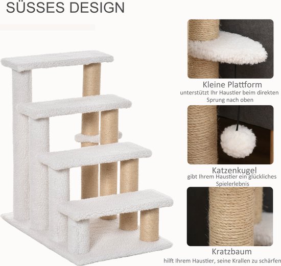 Huisdiertrappen Met Krassende Boombal 3-fasen Kat Trap Hondentrap Dier Trap Spaanbord Pluche Jute Wit 45 X 40 X 48 Cm