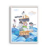 Poster Piraten beertje konijn olifant en dino op de boot licht - piraten thema / Dieren / 50x40cm