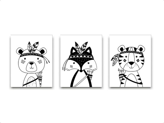 Schilderij  Set 3 Indianen vos beer tijger zwart / wit / Bos / 40x30cm