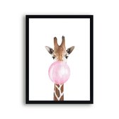Poster Giraf met roze kauwgom / Kauwgombel / 30x21cm