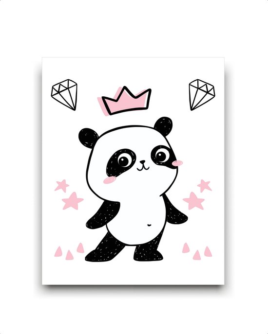Schilderij  Roze panda de superster met kroontje - Roze hartje / Dieren / 40x30cm