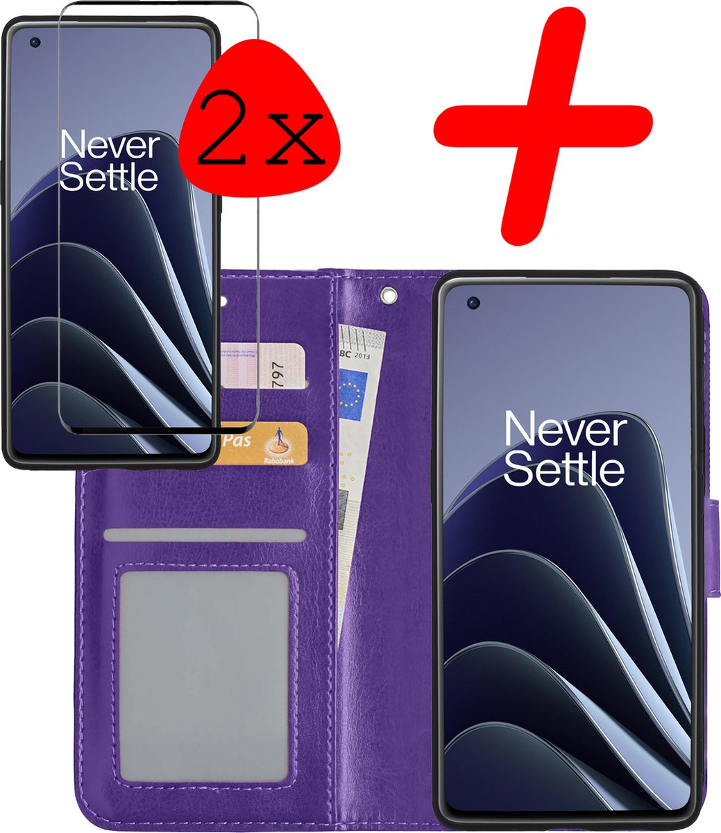 Hoesje Met 2x Screenprotector - Geschikt voor OnePlus 10 Pro - Luxe Pasjeshouder - Bookcase Portemonee - Flip Case - Kunstleer Book Case - Flipcase Hoes - Book Cover - Walletcase - Portemonneehoes - Paars