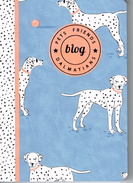 Blauw schrift met Dalmatiërs en een oranje bal, met oranje cirkel 'Pets Friends blog Dalmatians'.
