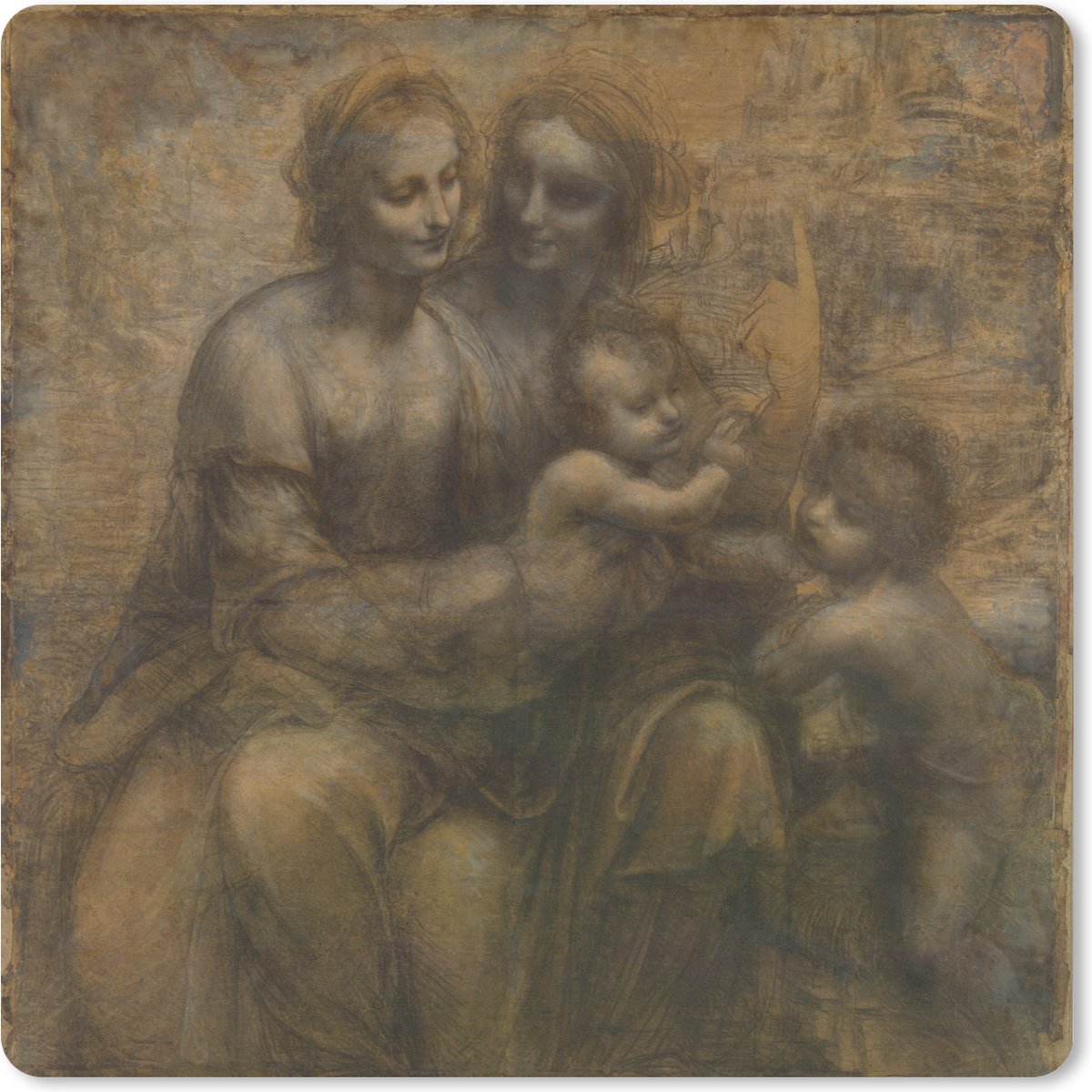 Muismat XXL 80x80 cm - Bureau onderlegger - Bureau mat Maria met kind en Sint-Anna - Leonardo da Vinci - Bureaumat - Gaming mousepad xl - Bureaulegger groot - Computer deskmat