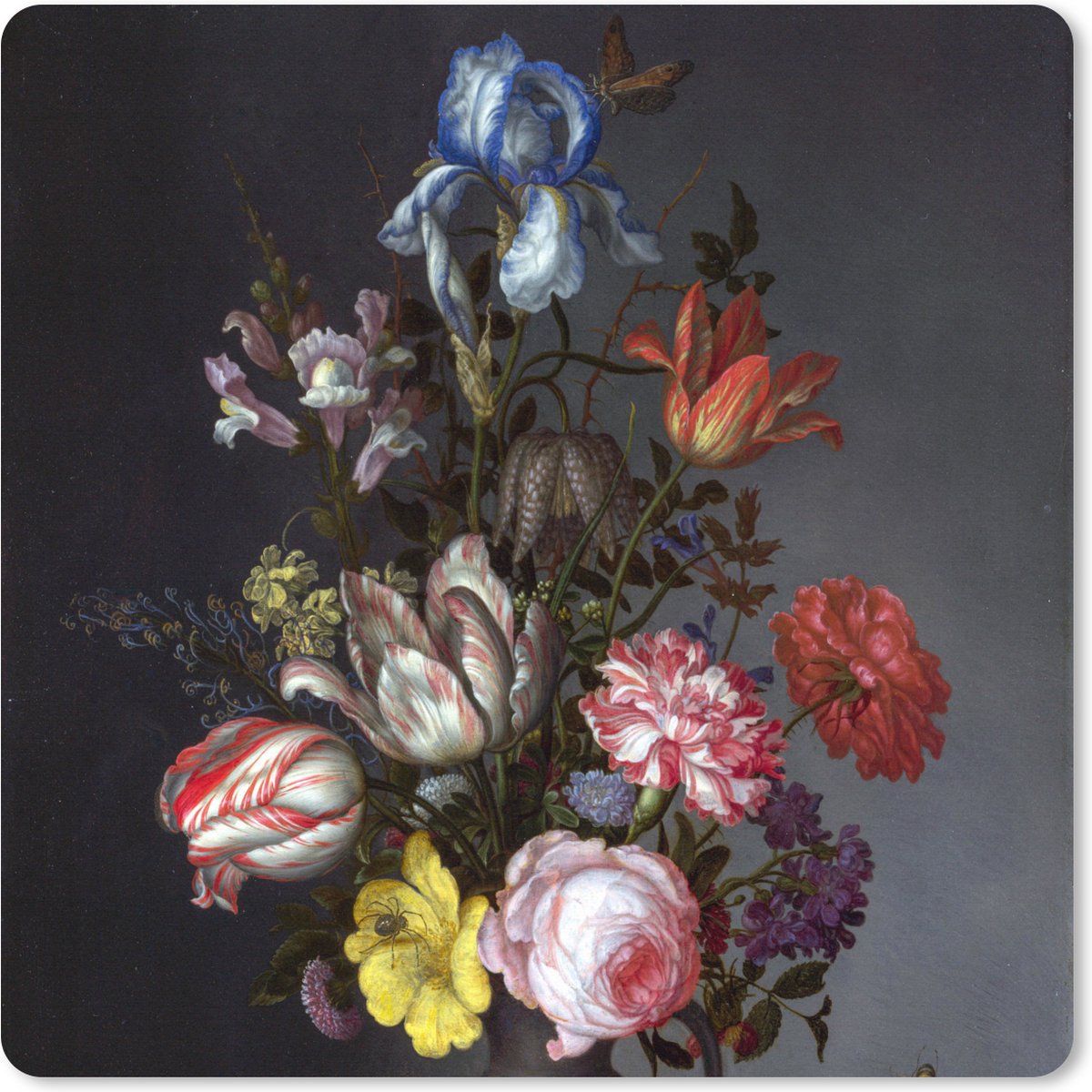Muismat XXL 50x50 cm - Bureau onderlegger - Bureau mat Bloemen in een vaas met schelpen en insecten - Balthasar van der Ast - Bureaumat - Gaming mousepad xl - Bureaulegger groot - Computer deskmat