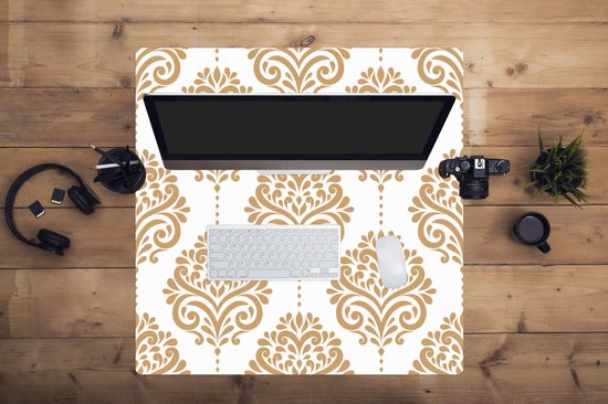 Muismat XXL 80x80 cm - Bureau onderlegger - Bureau mat Vintage - Bloemen - Goud - Design - Bureaumat - Gaming mousepad xl - Bureaulegger groot - Computer deskmat
