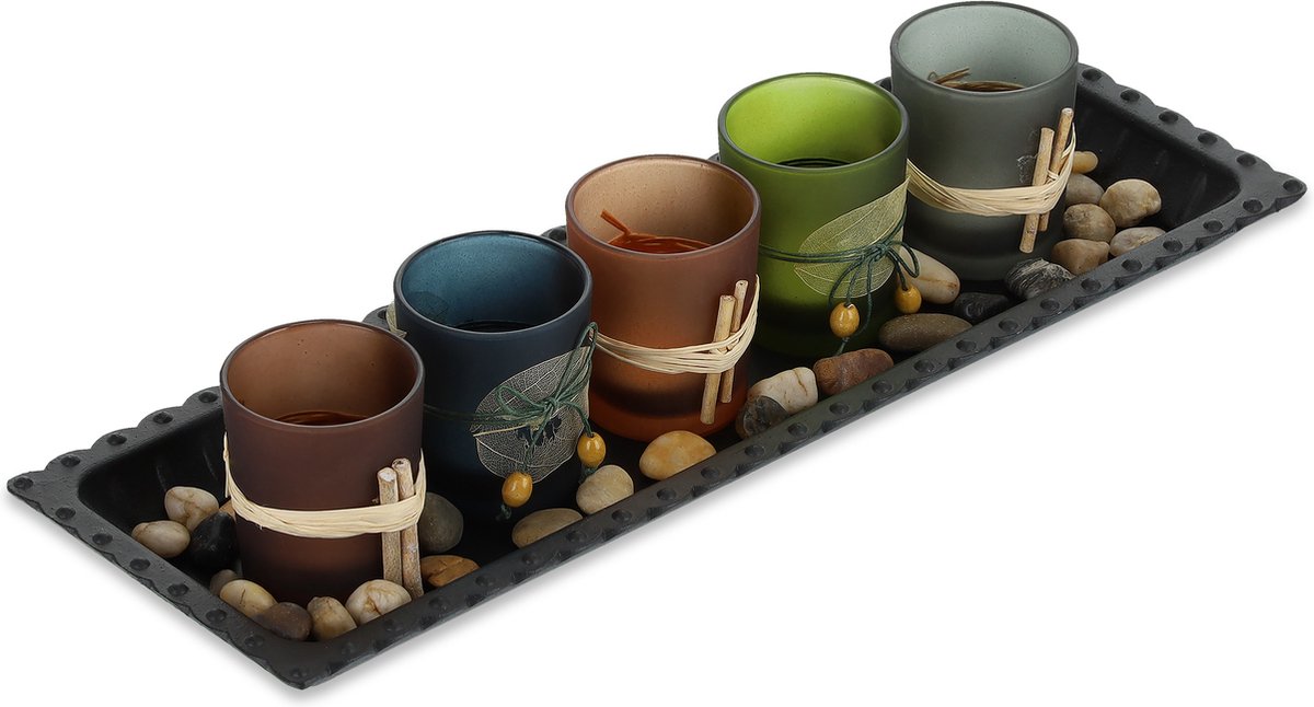 Relaxdays waxinelichthouders, met plateau & siersteentjes, 39,5 cm lang, tafeldecoratie, theelichthouders, eetkamer, wit Relaxdays waxinelichthouders, met plateau & siersteentjes, 39,5 cm lang, tafeldecoratie, theelichthouders, eetkamer, wit