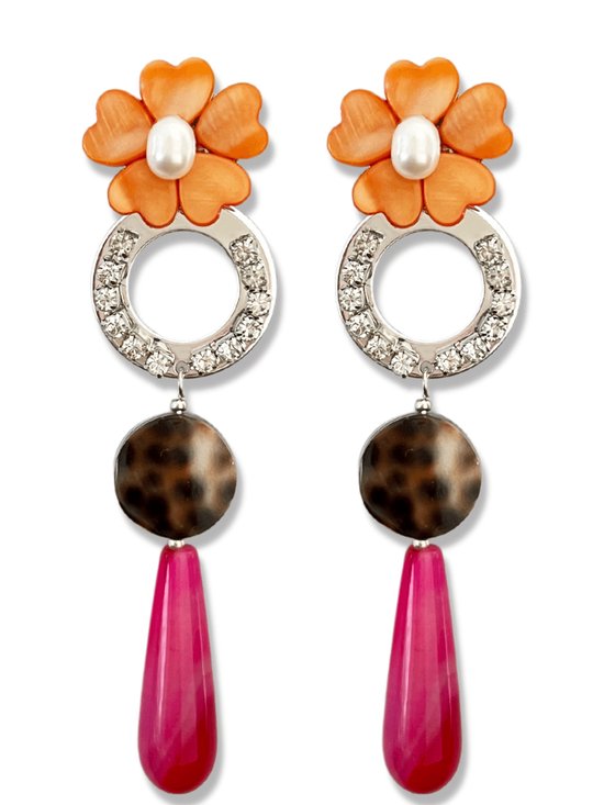 Zatthu Jewelry - N22SS486 - Ivie oranje roze statement oorbellen met bloem