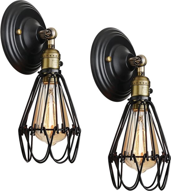 Wandlamp set van 2 industrieel - Kooi - Draaibaar - Zwart - Goud - Ijzer -  Vintage -... | bol.com
