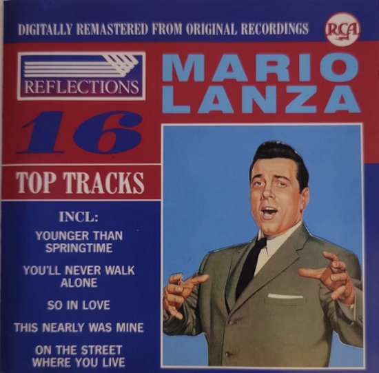 Voor-cd-hoes van Mario Lanza "16 Top Tracks". Mario Lanza in een grijs pak met een blauwe stropdas, kijkt naar rechts en zingt.