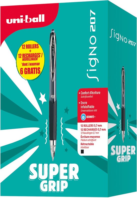 Uni-ball intrekbare roller Signo RT207 + vulling (6 + 6 gratis), zwart