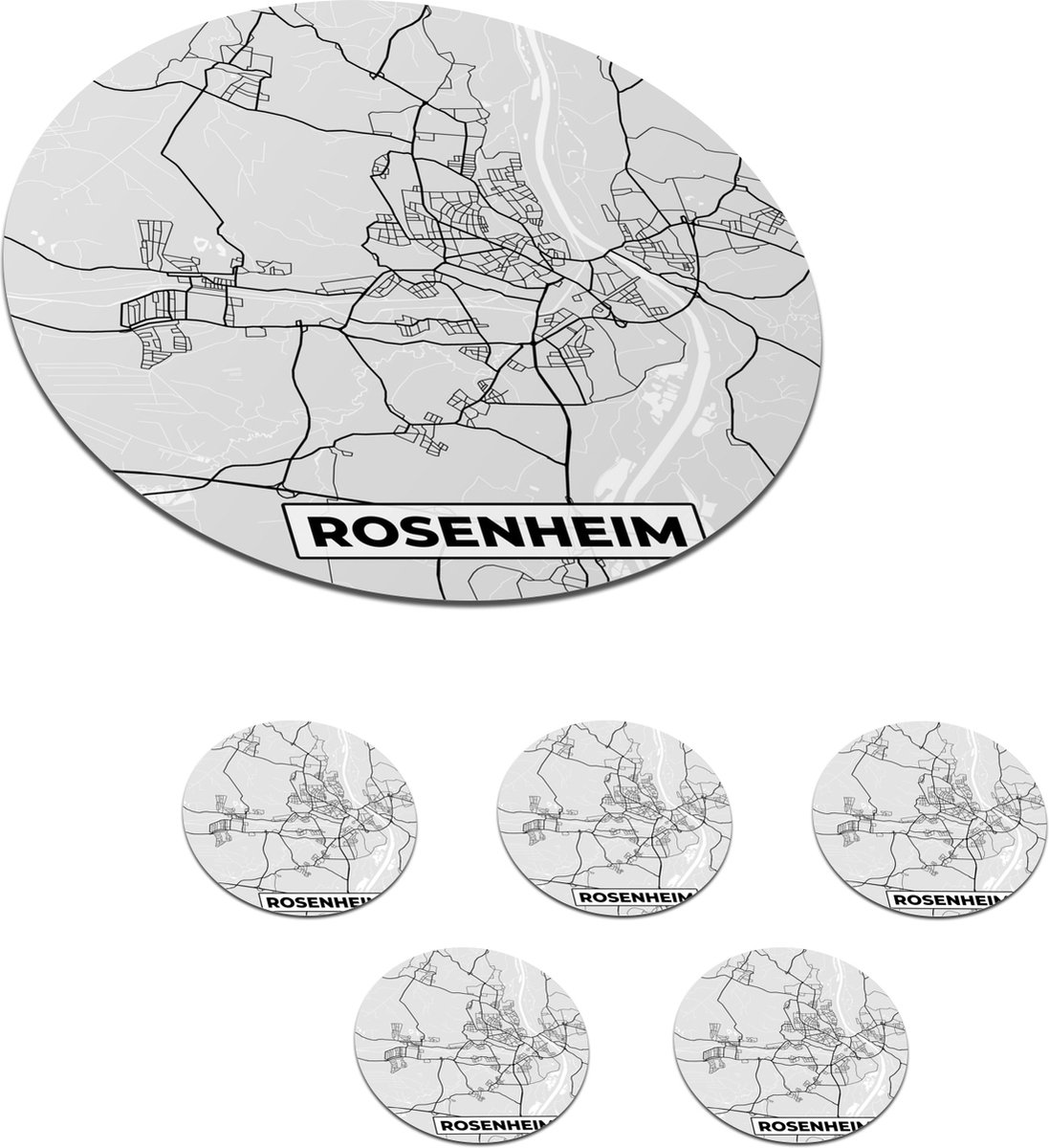 Onderzetters voor glazen - Rond - Duitsland - Stadskaart - Plattegrond - Kaart - Rosenheim - 10x10 cm - Glasonderzetters - 6 stuks