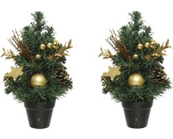 2x stuks mini kunst kerstbomen/kunstbomen met gouden versiering 30 cm - Miniboompjes/kleine kerstboompjes
