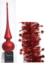Kerstversiering glazen piek mat 26 cm en sterren folieslingers pakket rood van 3x stuks - Kerstboomversiering