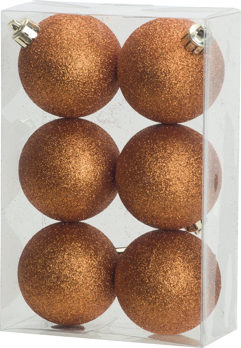 Cosy & Trendy Kerstballen - 6x st - oranje - glitters - D8 cm - kunststof - kerstversiering