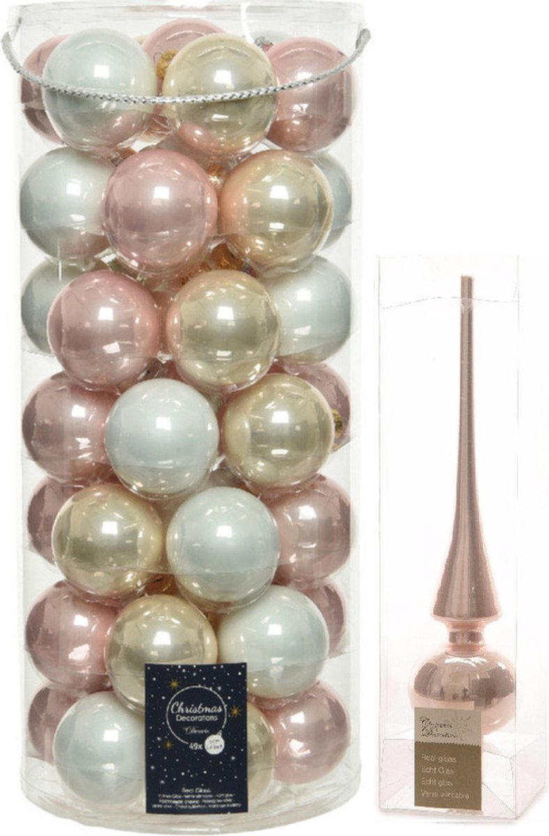 49x stuks glazen kerstballen lichtroze/parel/wit 6 cm inclusief lichtroze piek - Kerstversiering/boomversiering