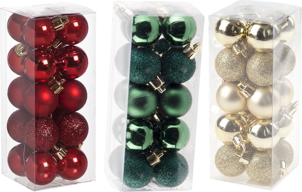 Kleine kunststof kerstversiering 60x stuks set en 3 cm kerstballen in het rood-goud-groen - Voor kleine kerstbomen