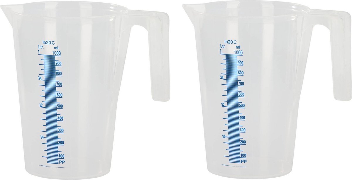 Kunststof maatbeker transparant - 2x - 1 liter - Keuken accessoires en benodigdheden