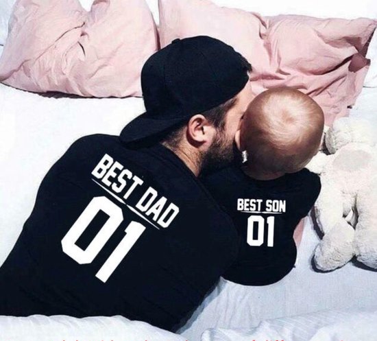 Best Dad - Best Son - T-shirt voor Papa en Zoon - Dad Maat: L - Son Maat: 80 - Set van 2 T-shirts - Zwart korte mous