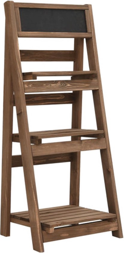 Étagère à plantes en bois marron avec 3 étagères et un tableau noir en haut.