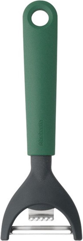 Groene dunschiller met donkergrijs lemmet en ophangoog. Het lemmet is een Y-vorm met zesteur.