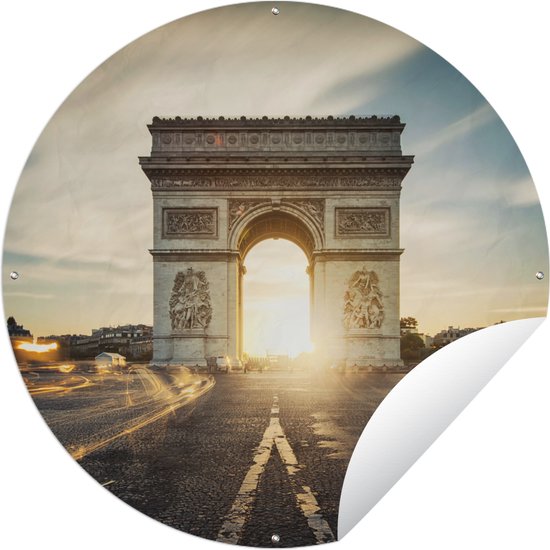 Tuincirkel Zonsopgang te zien door een Triomfboog in Parijs - 120x120 cm - Ronde Tuinposter - Buiten XXL / Groot formaat!
