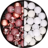 40x stuks kleine kunststof kerstballen wit en roze 3 cm - Kerstversiering