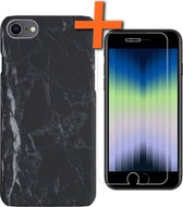 Hoesje Geschikt voor iPhone SE 2022 Hoesje Marmeren Case Hardcover Hoes Marmer Met Screenprotector - Hoesje Geschikt voor iPhone SE (2022) Marmer Hoes - Zwart