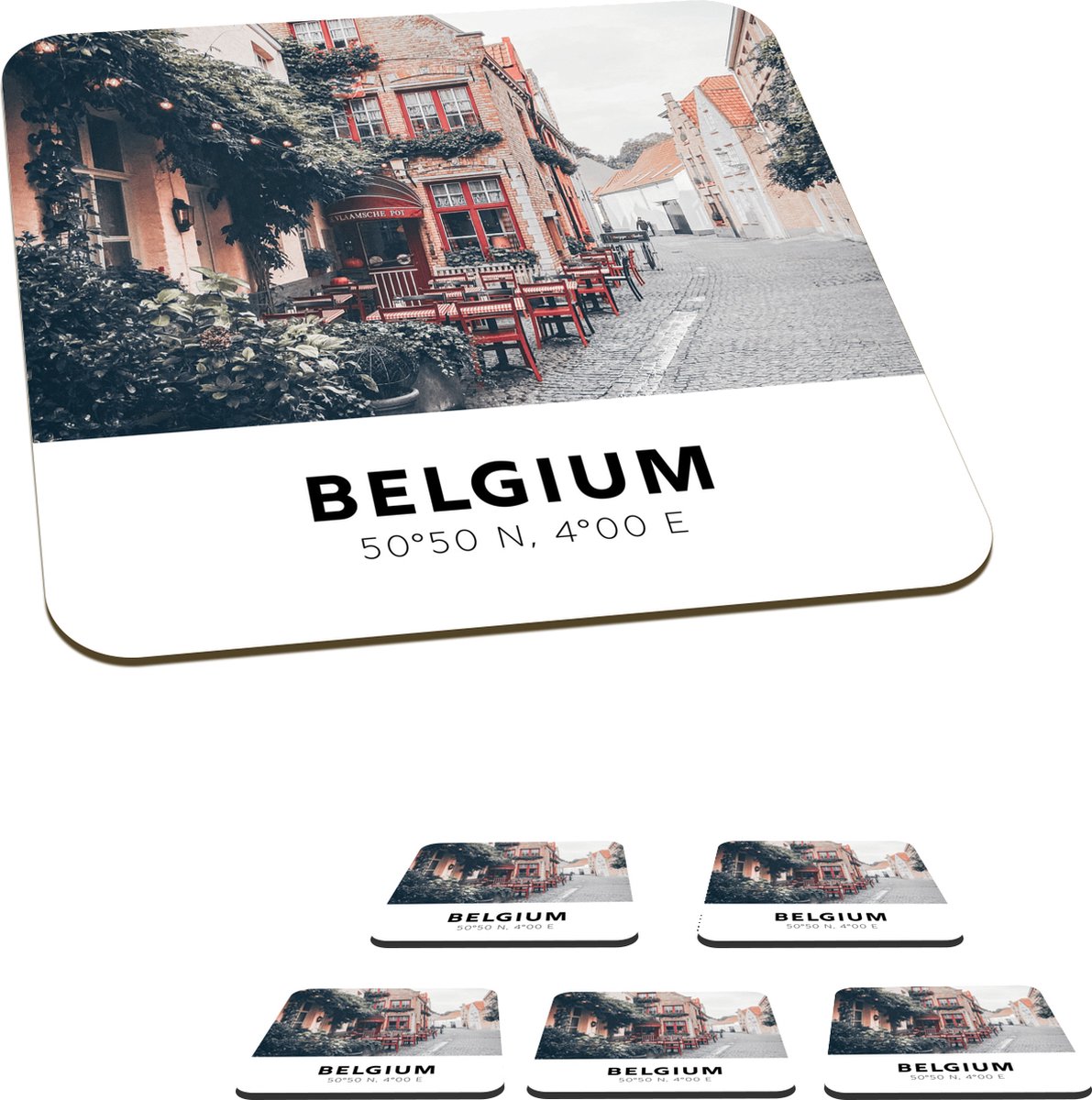 Onderzetters voor glazen - België - Terras - Stad - 10x10 cm - Glasonderzetters - 6 stuks