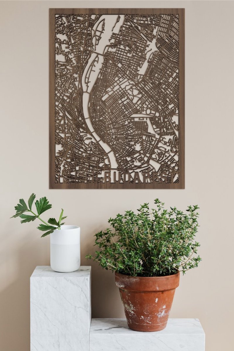 Houten Stadskaart Budapest Notenhout 30x40cm Wanddecoratie Voor Aan De Muur City Shapes