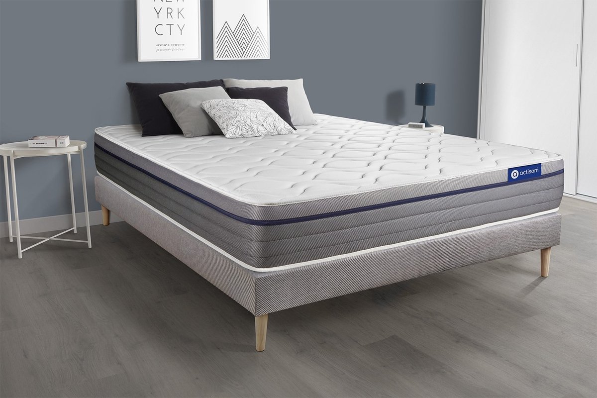 Complete boxspring met matras tweepersoons- Actisom Actiflex zen grijs - Pocketveren en traagschuim - 140 x 210 cm