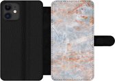 Bookcase Geschikt voor iPhone 12 Pro telefoonhoesje - Marmer print - Luxe - Oranje - Met vakjes - Wallet case met magneetsluiting