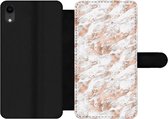 Bookcase Geschikt voor iPhone XR telefoonhoesje - Rose goud - Patroon - Marmer print - Luxe - Met vakjes - Wallet case met magneetsluiting