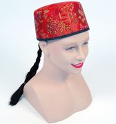 Carnaval verkleed Rood Aziatisch/Chinees hoedje met vlecht